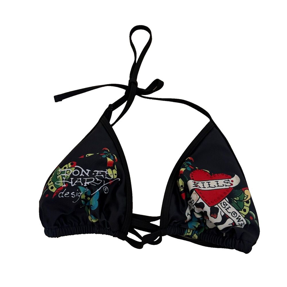 Ed Hardy Bikini Top Women's XL Triangle Halter Love Kills Slow Black Rhinestone